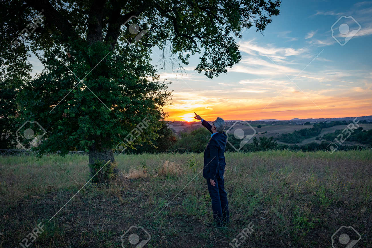 Senior botanist talking with the magic tree at sunset - 163714004 Senior botanist talking with the magic tree at sunset - 163714004