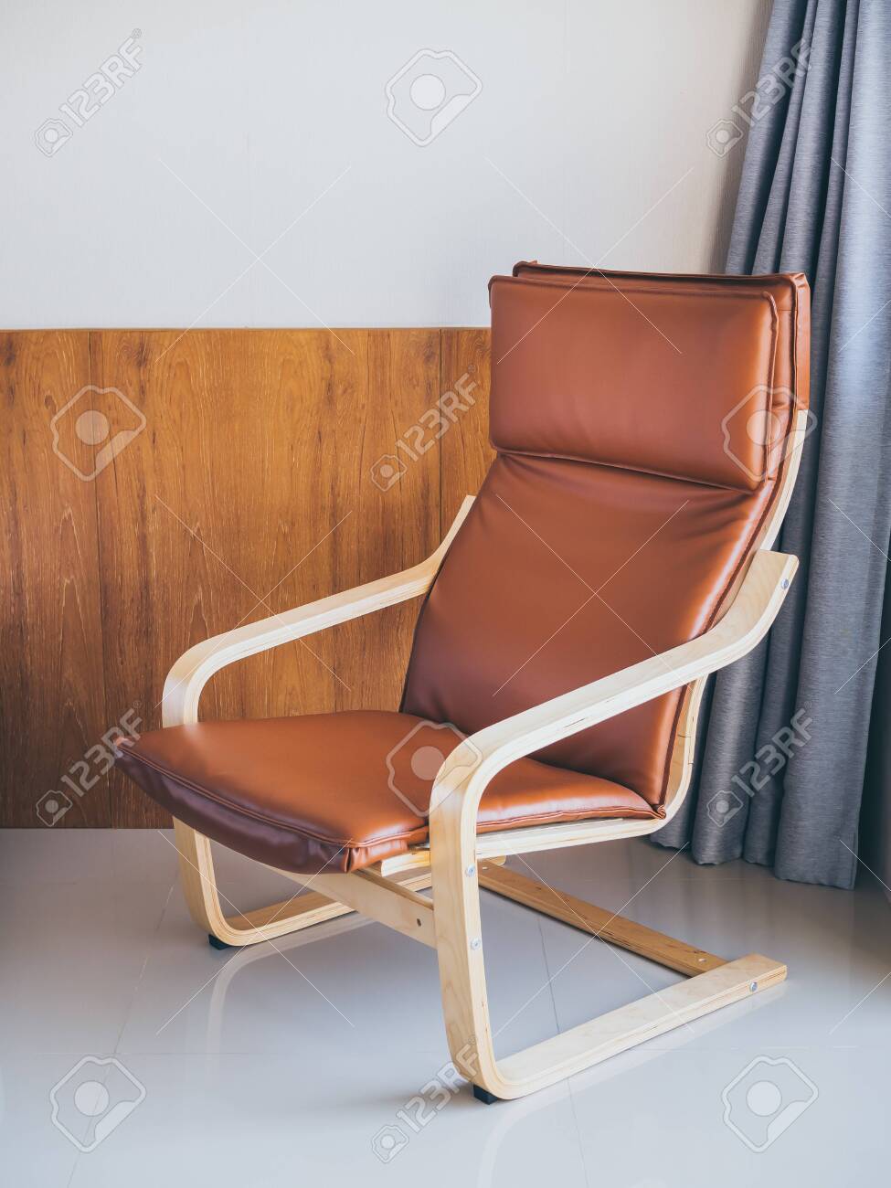 Brown Leather On Wooden Armchair In Hotel Room Modern