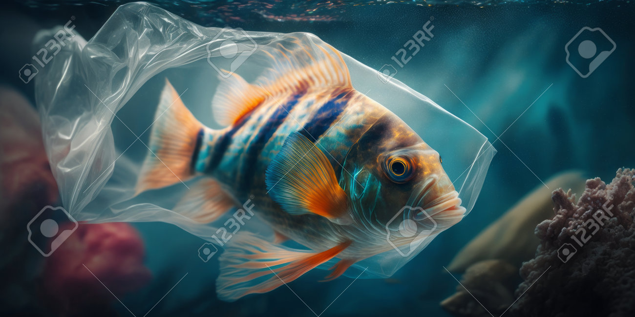 Tropical Fish Swimming With Plastic Bag. Underwater Animals Damaged By  Garbage In The Water. Ecological Catastrophe. Plastic Pollution In The  Ocean. Creative AI Stock Photo, Picture and Royalty Free Image. Image  200935080.