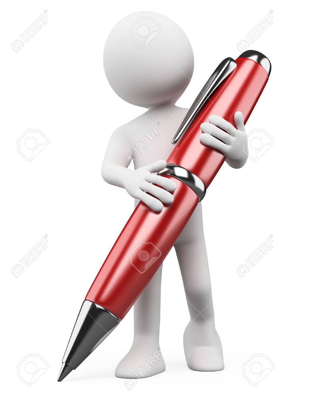 3d Blancs Un Homme Qui Ecrit Avec Un Stylo A Bille Rouge Isole Sur Fond Blanc Banque D Images Et Photos Libres De Droits Image