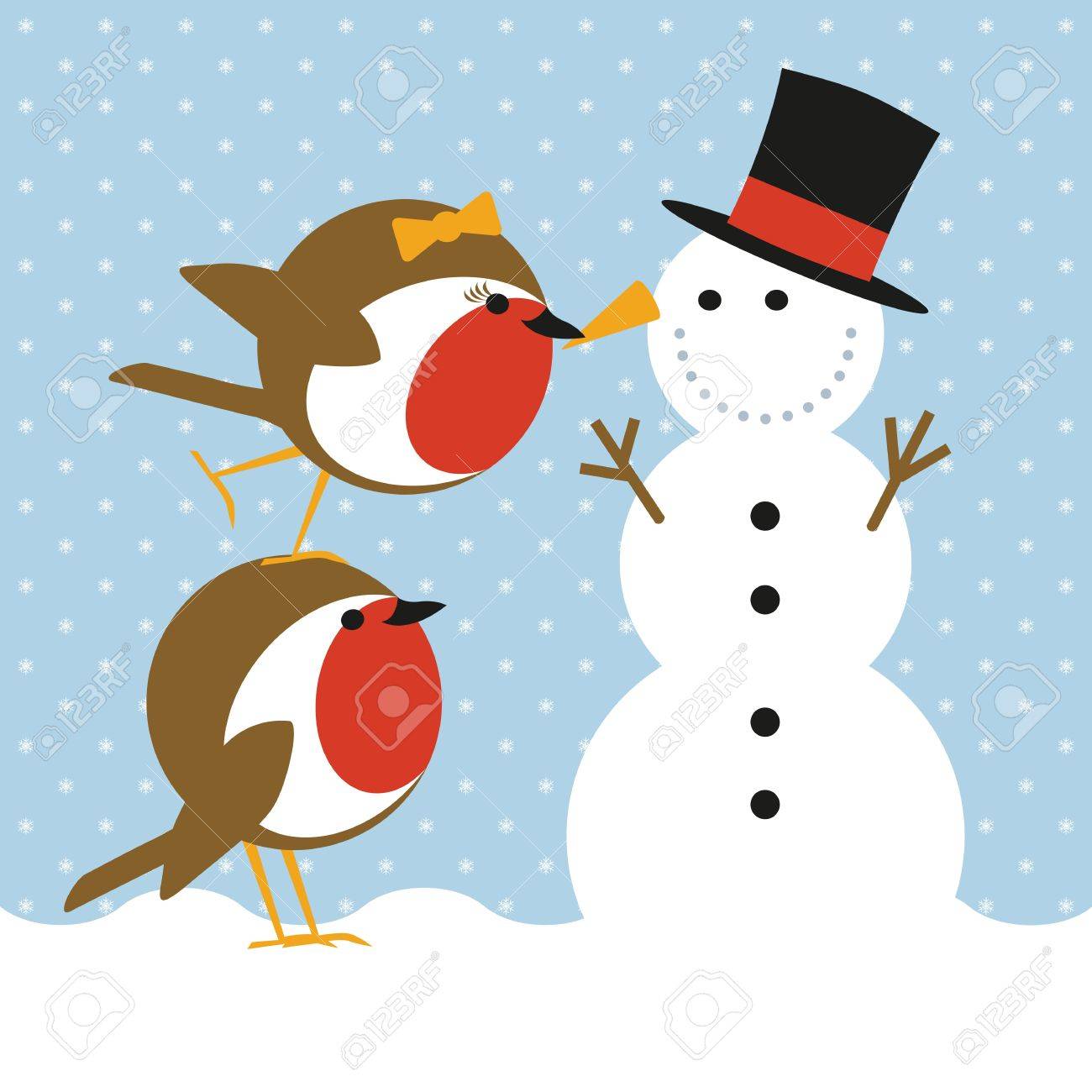 Humoristique Carte De Noël Avec Cute Robins Mettre Le Nez Sur Un Bonhomme De Neige