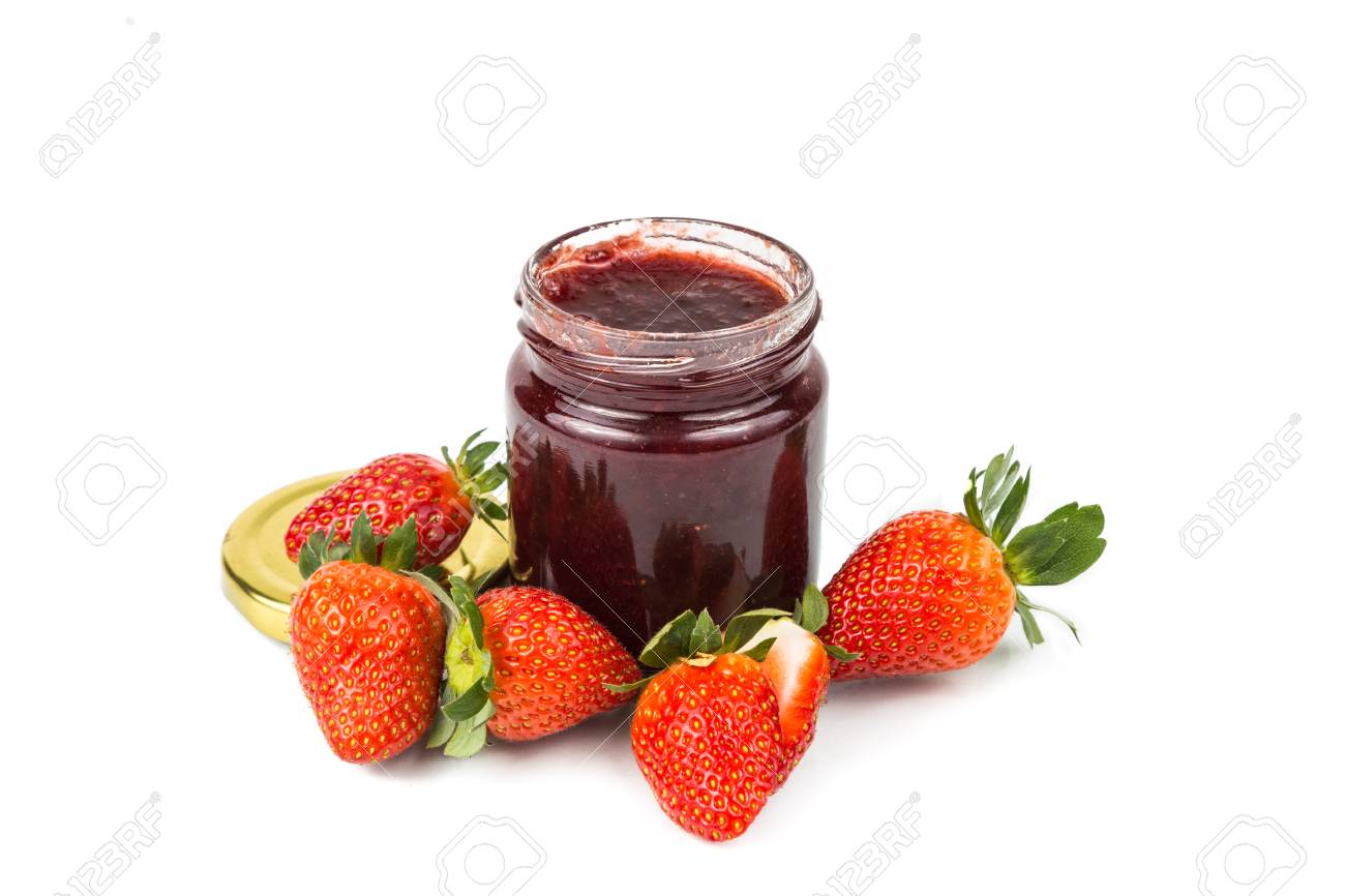 Confiture De Fraises Bio En Pot De Verre Transparent Sur Fond