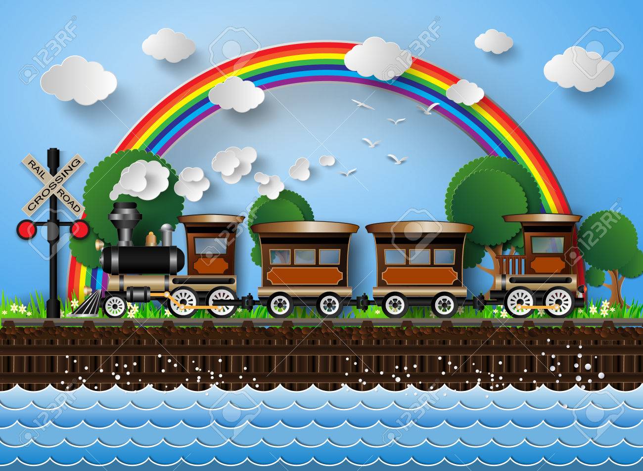 Train On A Background Of Rainbow Paper Cut Style Royalty Free Cliparts Vectors And Stock Illustration Image