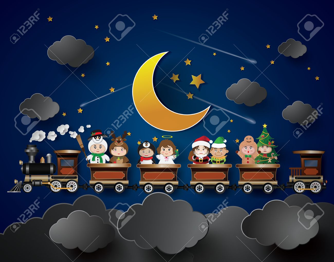空想の子供ドレス ハーフ ムーンとして背景で 電車の中で座っています のイラスト素材 ベクタ Image 空想の子供ドレス ハーフ ムーンとして背景で 電車の中で座っています のイラスト素材 ベクタ Image