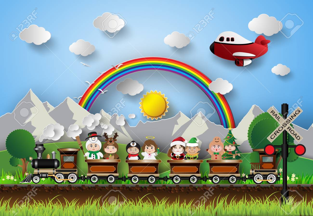 Children In Fancy Dress Sitting On A Train Running On The Tracks Royalty Free Cliparts Vectors And Stock Illustration Image