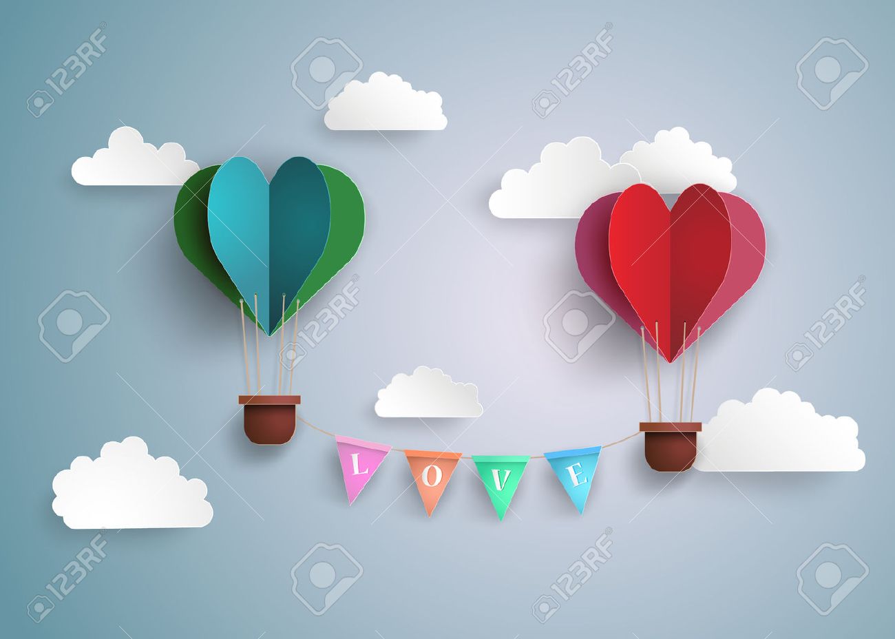 Origami made hot air balloon in a heart shape. - 52336328 Origami made hot air balloon in a heart shape. - 52336328
