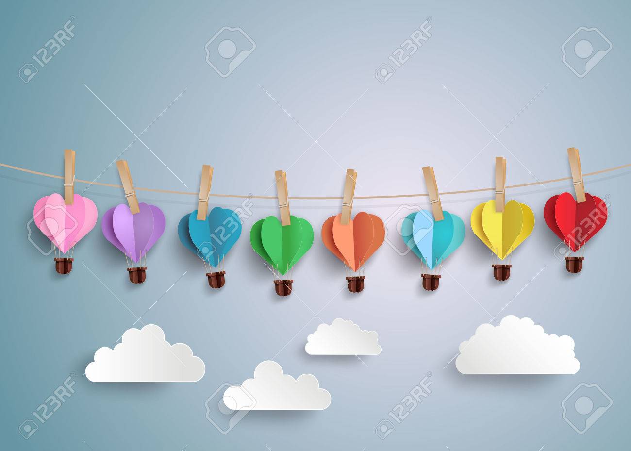 Origami made hot air balloon in a heart shape. - 54021380 Origami made hot air balloon in a heart shape. - 54021380