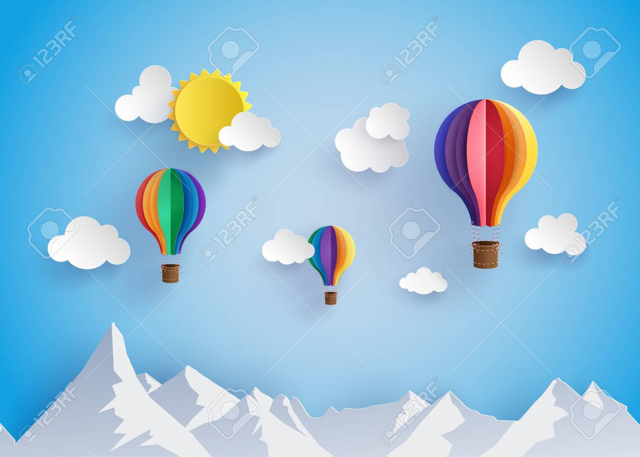 Origami made colorful hot air balloon flyin over moutain with cloud.paper art style. - 63619556 Origami made colorful hot air balloon flyin over moutain with cloud.paper art style. - 63619556