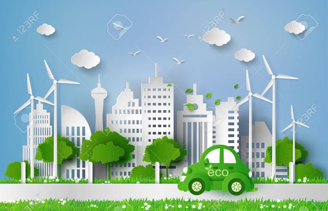 Eco-friendly car in the city.paper art style. - 63620012 Eco-friendly car in the city.paper art style. - 63620012