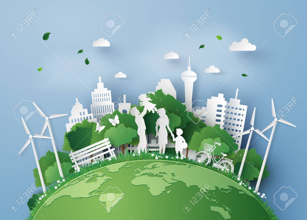 concept of eco with family.paperart and digital craft style. - 102880143 concept of eco with family.paperart and digital craft style. - 102880143