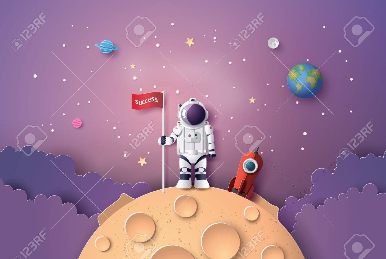 月に旗を持つ宇宙飛行士 紙の芸術とデジタルクラフトスタイル のイラスト素材 ベクタ Image