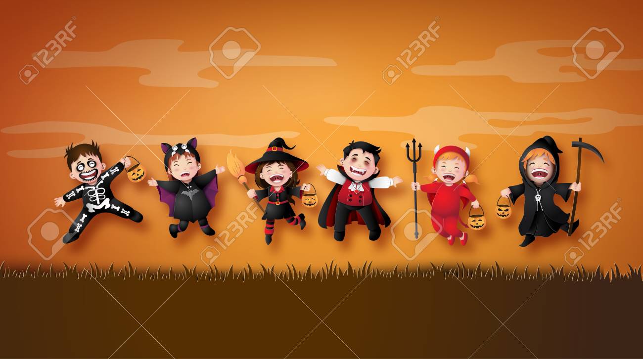 Happy Halloween party with group children in Halloween costumes. Illustration of paper art - 109235646 Happy Halloween party with group children in Halloween costumes. Illustration of paper art - 109235646