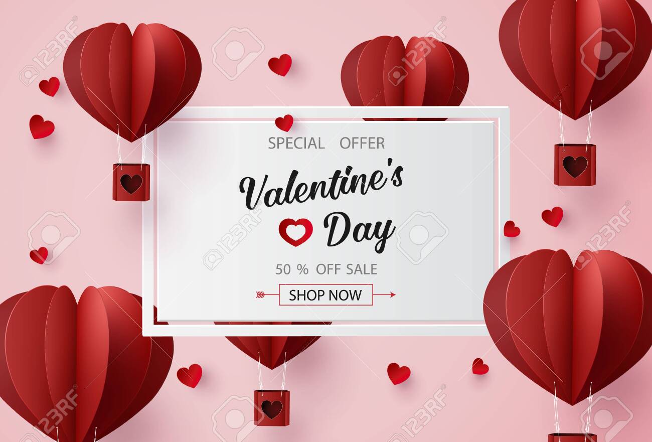 Valentines day sale with Balloon heart shape. paper art 3d from digital craft style. - 119957102 Valentines day sale with Balloon heart shape. paper art 3d from digital craft style. - 119957102