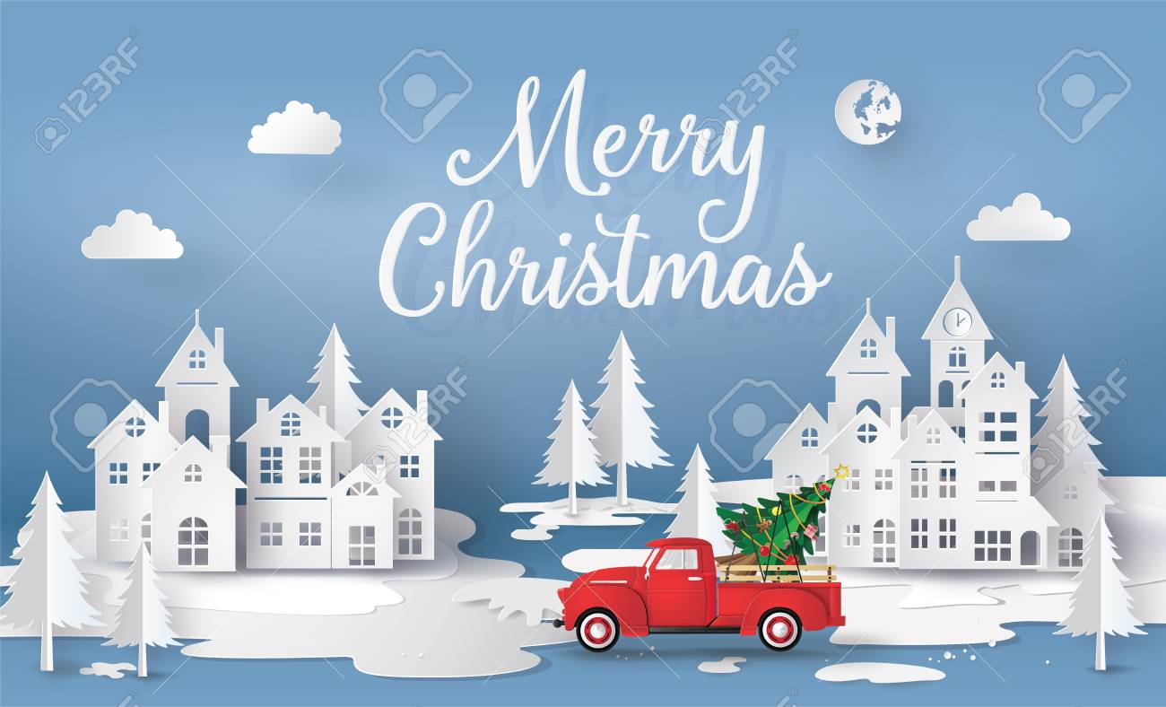 Merry Christmas and Happy New Year with red truck and christmas tree. paper art 3D style. - 119957137 Merry Christmas and Happy New Year with red truck and christmas tree. paper art 3D style. - 119957137
