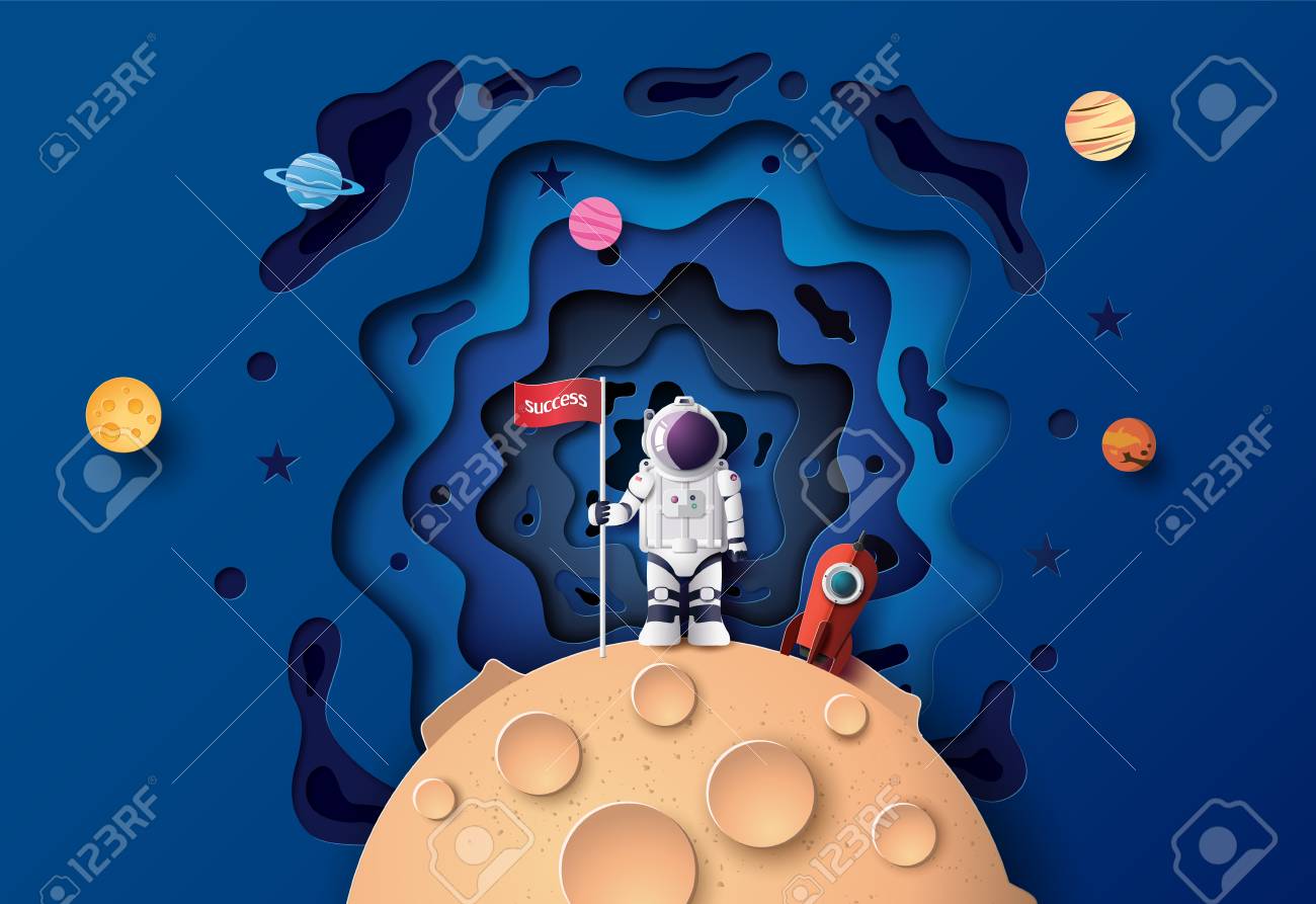 Astronaut with Flag on the moon, Paper art and digital craft style. - 127659185 Astronaut with Flag on the moon, Paper art and digital craft style. - 127659185