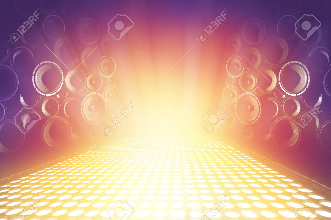 Many Audio Sound Speakers On Lighting Music Stage, Abstract Sparkling  Background Stock Photo, Picture And Royalty Free Image. Image 94191008.