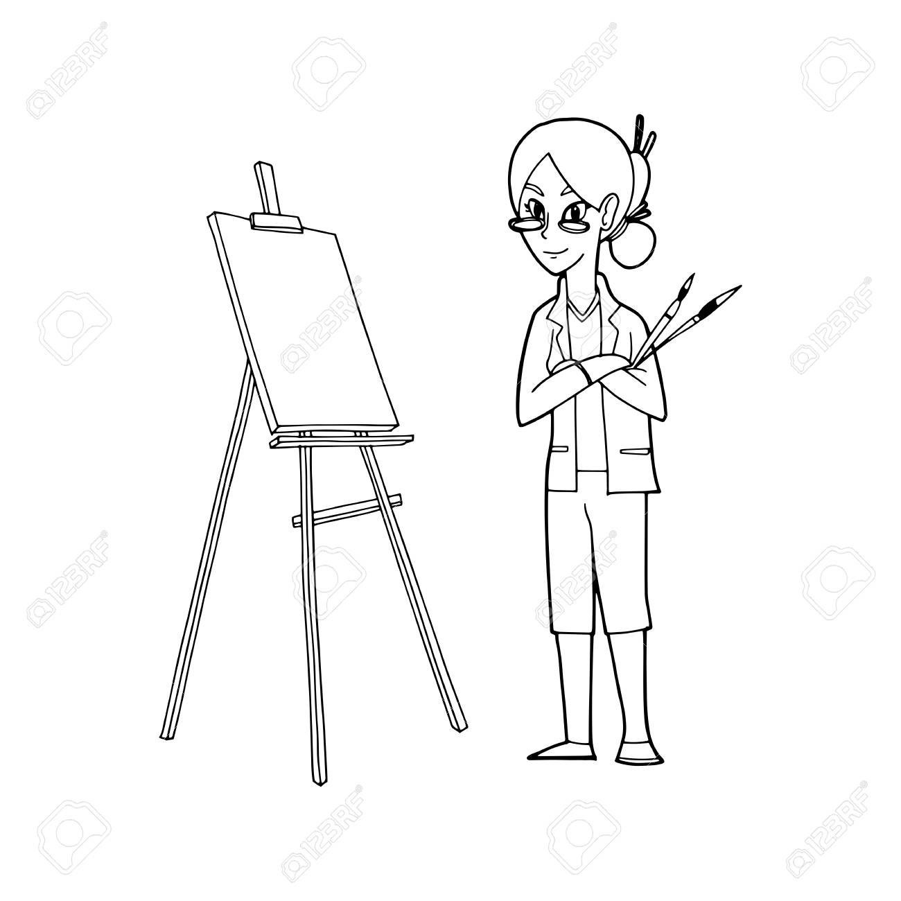Un Artista Que Sostiene Las Brochas Y El Caballete Lienzo Para Pintar Ilustración Vectorial Ilustraciones Vectoriales Clip Art Vectorizado Libre De Derechos Image 87111074
