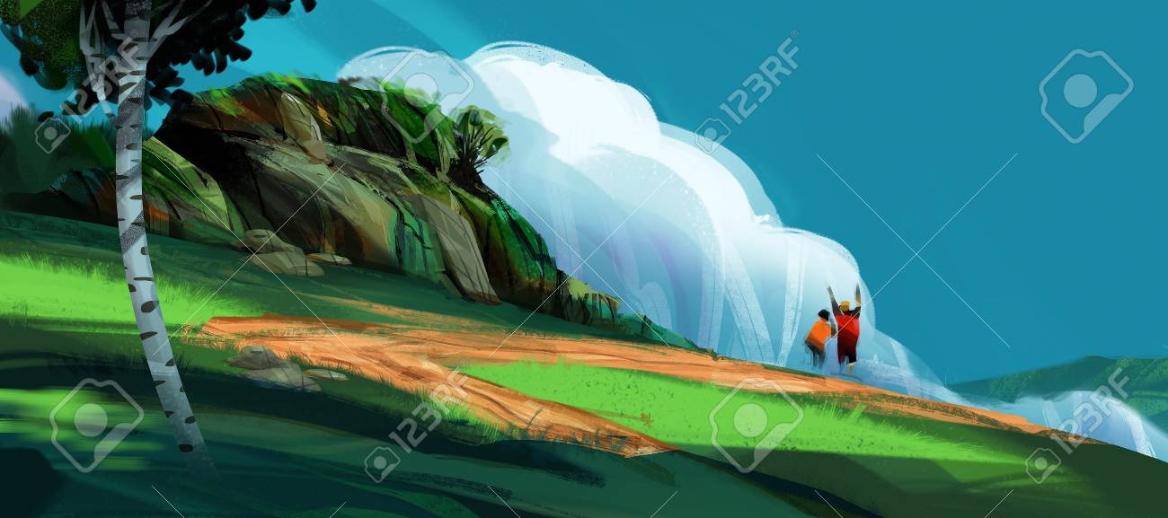 a couple standing on the high hill against mountains and blue sky, digital illustration art painting design style. (wide screen) - 111072686 a couple standing on the high hill against mountains and blue sky, digital illustration art painting design style. (wide screen) - 111072686
