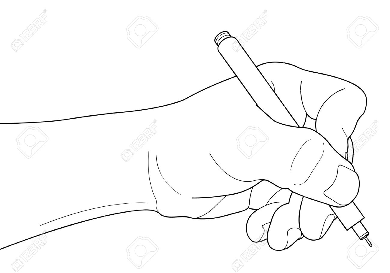 Hands With Pen Over Paper Isolated On White Background Royalty