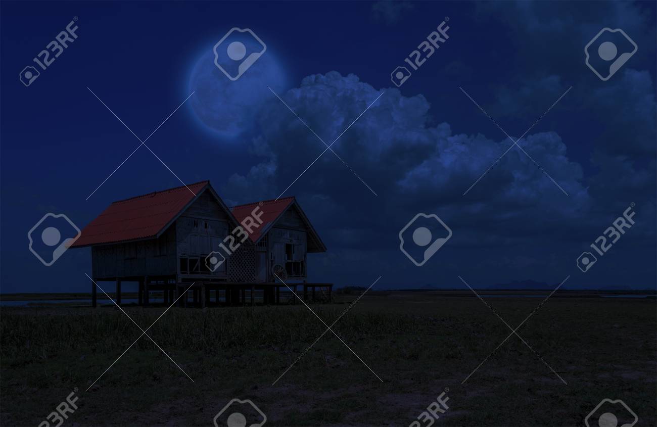 Twin Old House On Seashore At Night Which Has Full Moon And Cloudy Stock Photo Picture And Royalty Free Image Image 87736015 123rf com