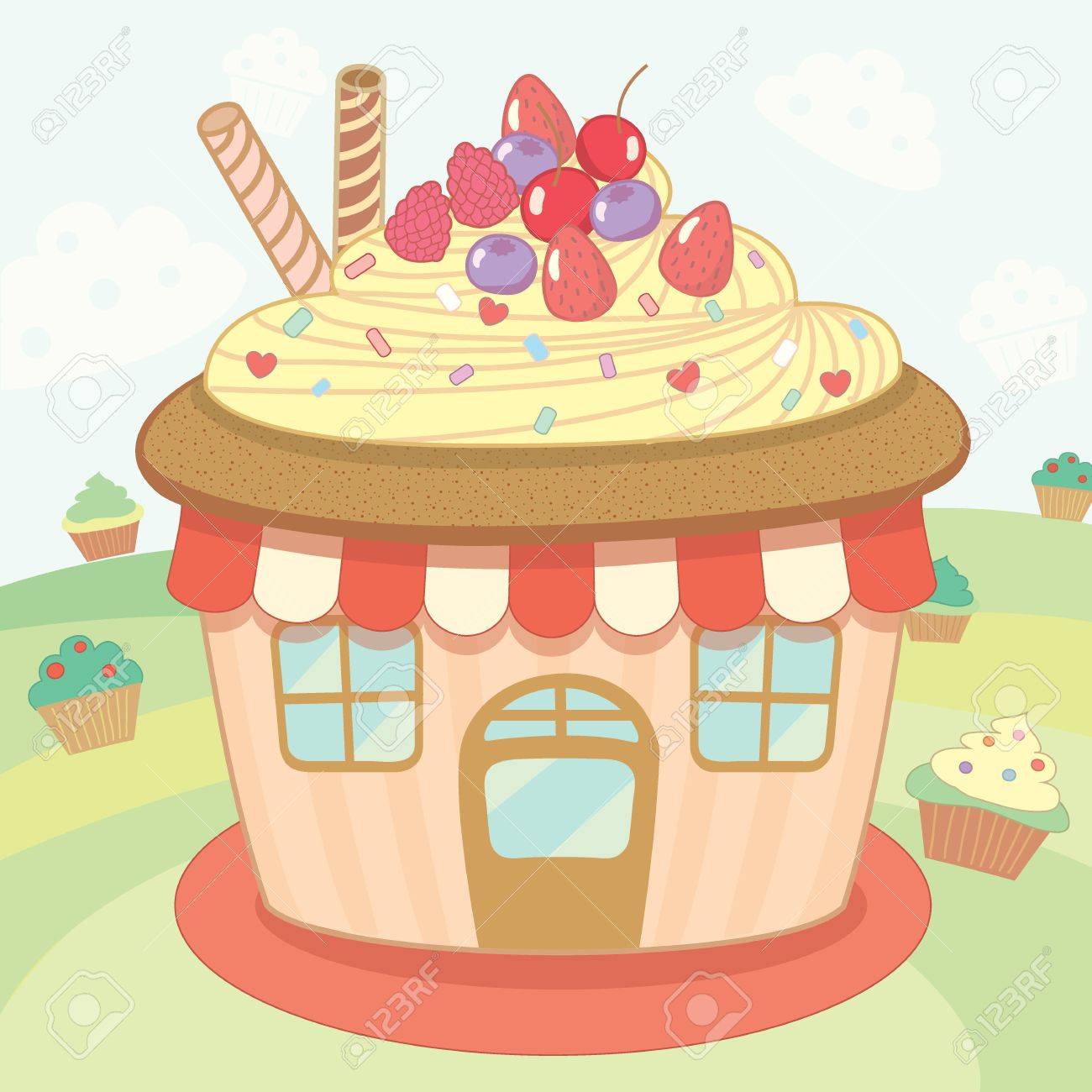 ベクトルかわいいカップケーキの家カフェ のイラスト素材 ベクタ Image