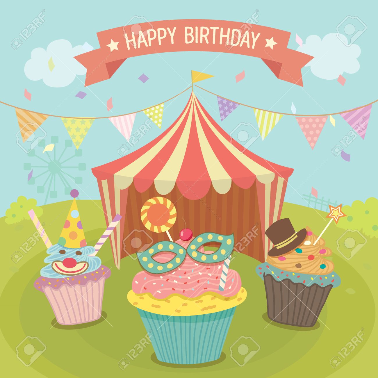 Petits Gateaux Vecteur Fantastique Decoration Avec Chapiteau De Cirque Dans Le Theme Du Carnaval Parc Fond Pour La Fete D Anniversaire Clip Art Libres De Droits Vecteurs Et Illustration Image