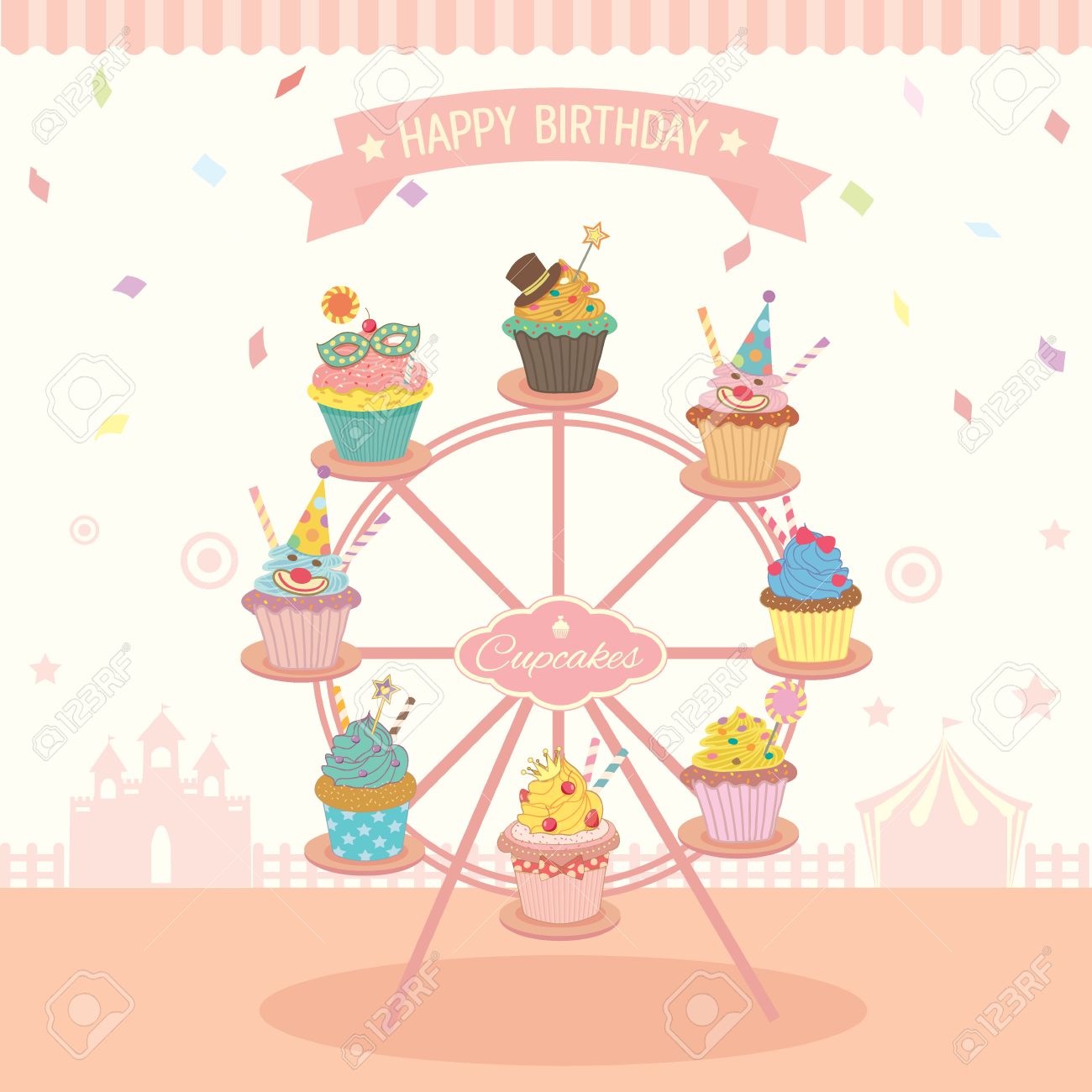 vector fantasy cupcakes decoration on the ferris wheel for birthday