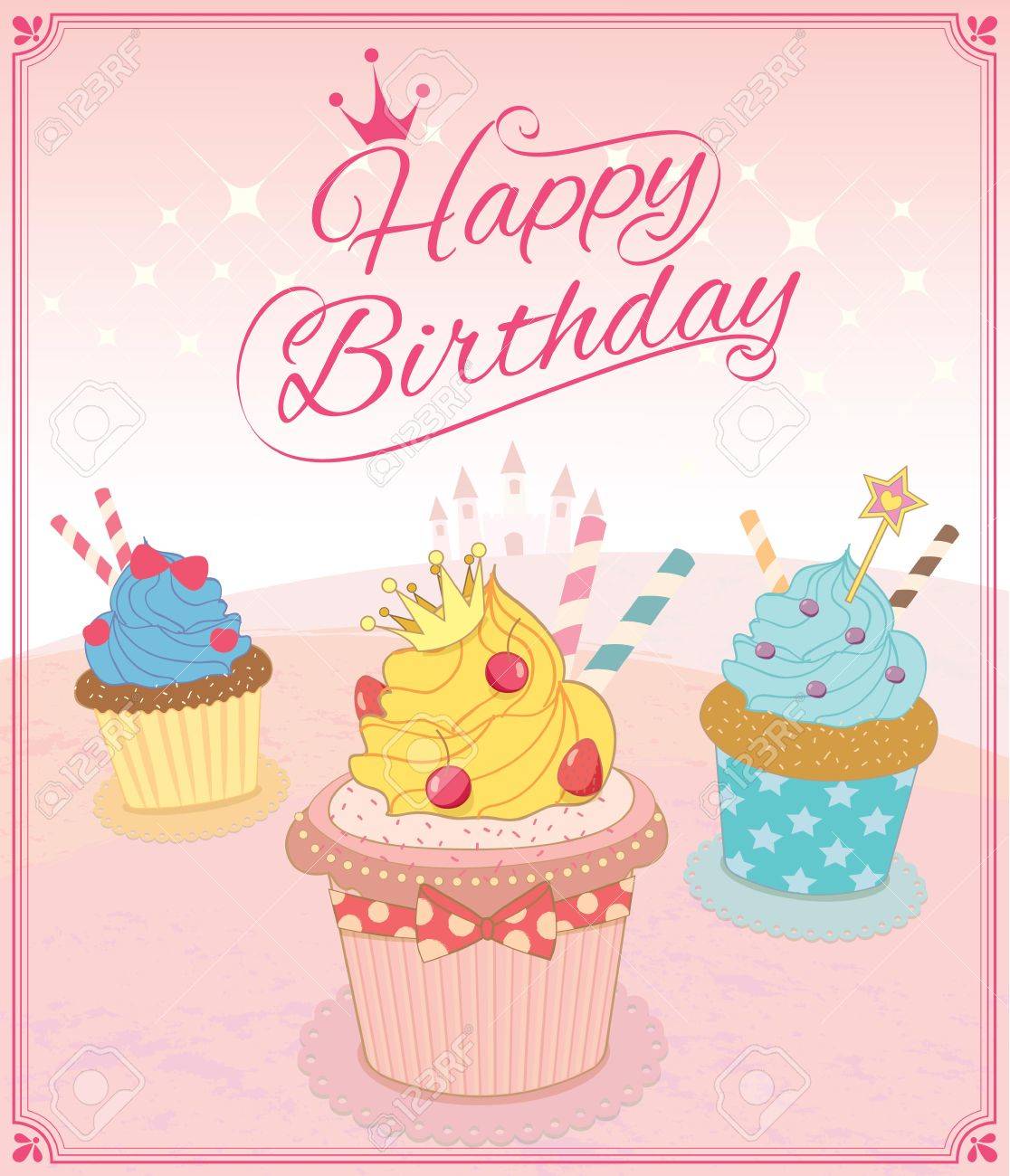 Illustration Vecteur De Cupcakes Dans Le Concept De Theme Princesse Pour La Carte De Joyeux Anniversaire Pink Couleur De Fond Clip Art Libres De Droits Vecteurs Et Illustration Image