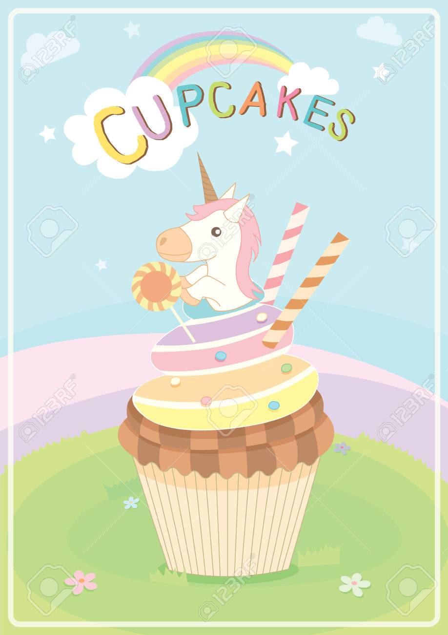 妖精バック グラウンドでかわいいコンセプト デザインのユニコーン カップケーキのイラスト のイラスト素材 ベクタ Image