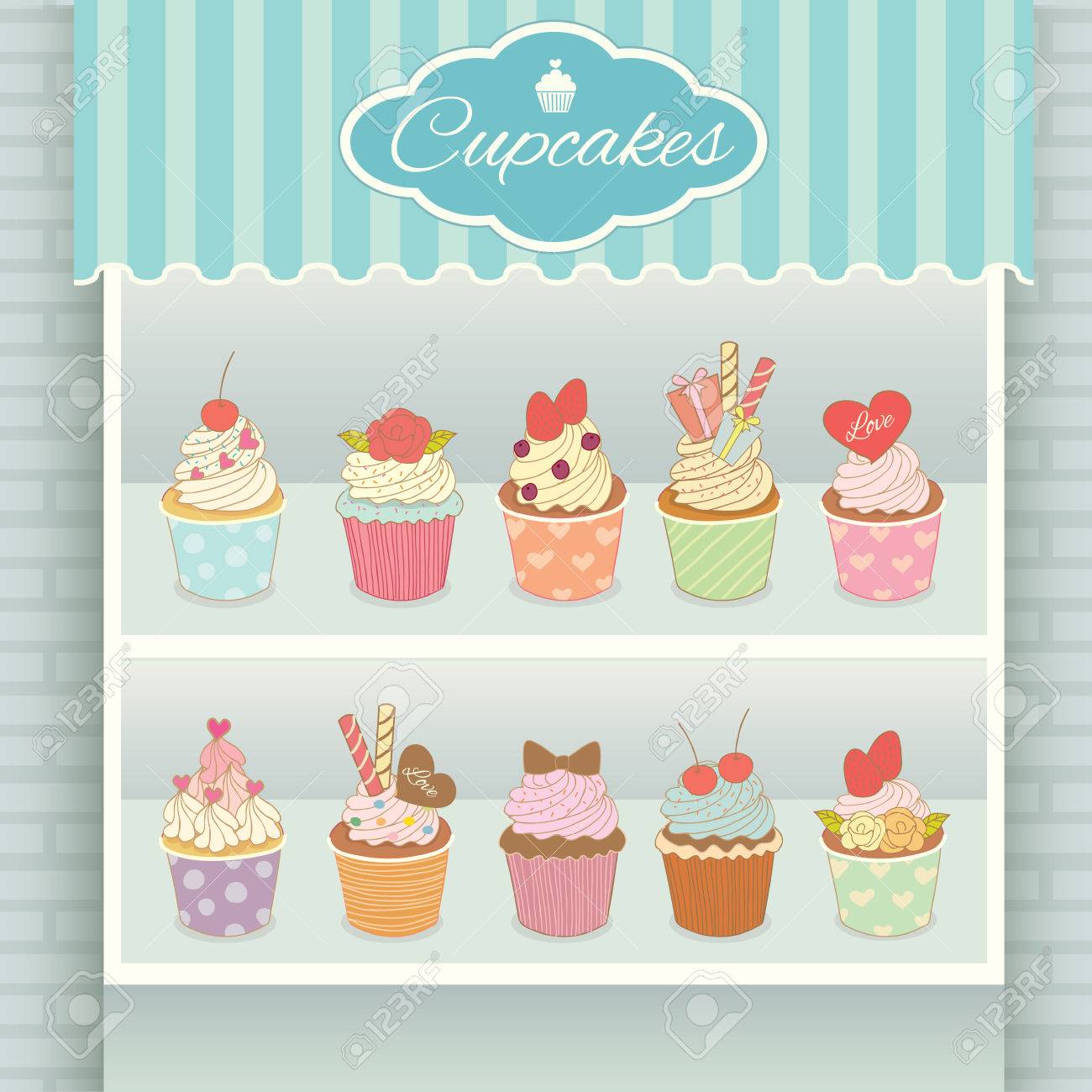 illustration vector various cupcakes menu display on shelf in illustration vector various cupcakes menu display on shelf in