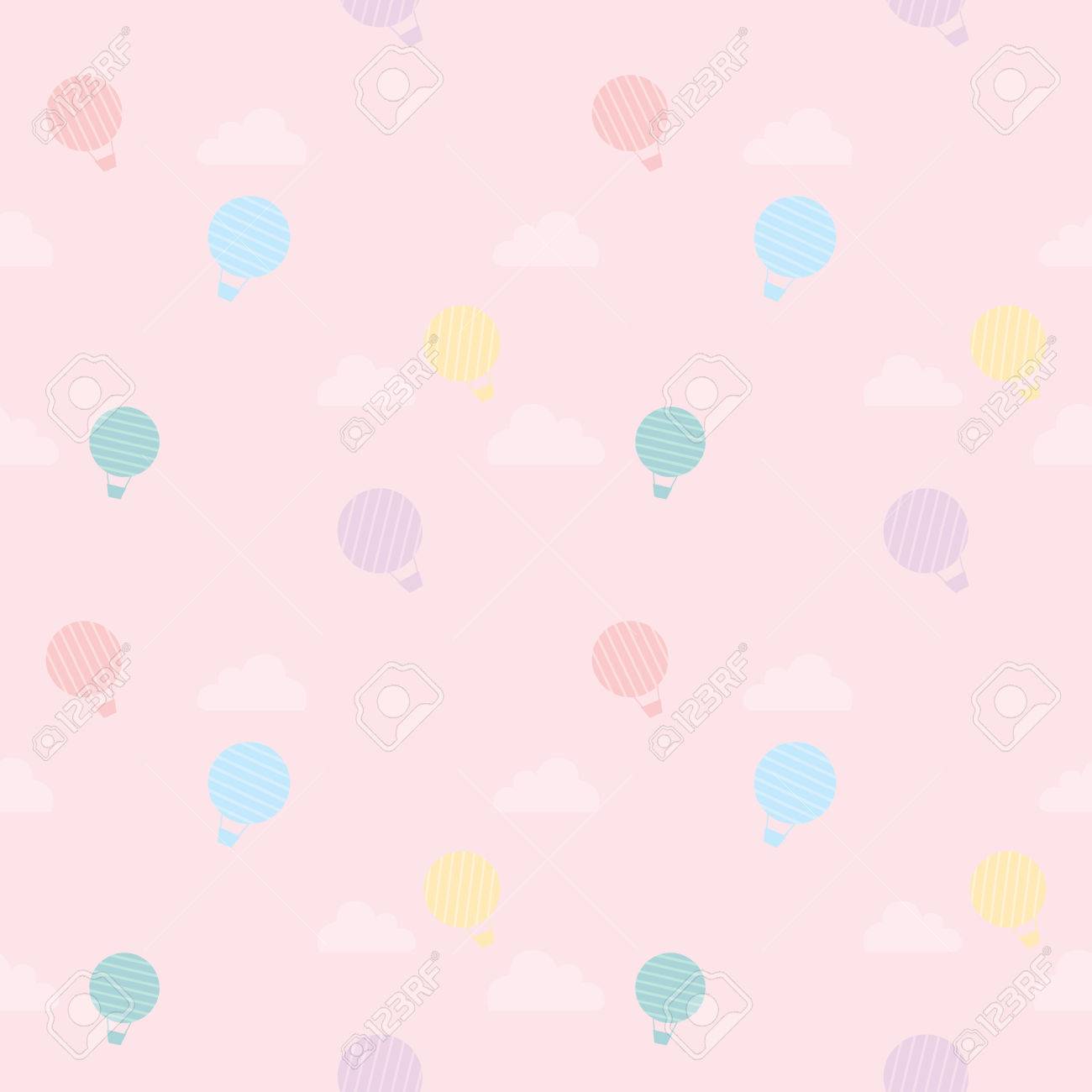 ベクトル フラットの熱い空気バルーン飛行 Int シームレス パターンに雲と空の装飾 パステル ピンクの空の背景色が甘い 壁紙やペーパー ギフトをラッピングします のイラスト素材 ベクタ Image