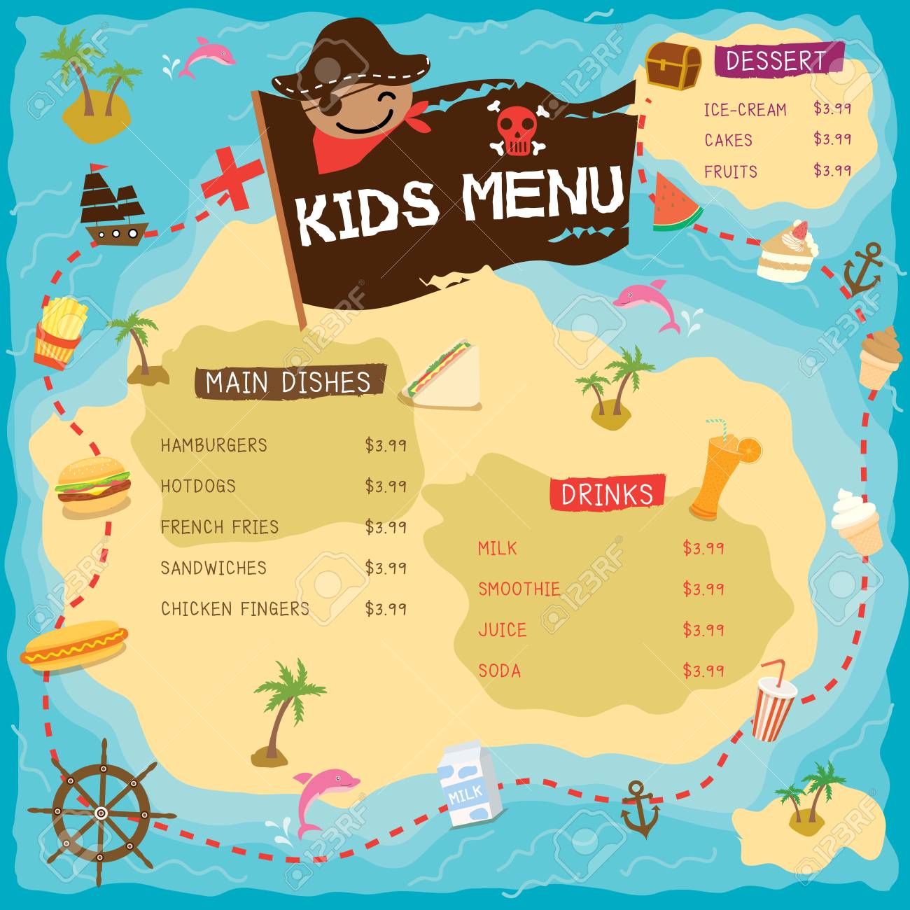 Kids Menu With Pirate Map Design Concept.Illustration Vector - Kids Menu With Pirate Map Design Concept.Illustration Vector