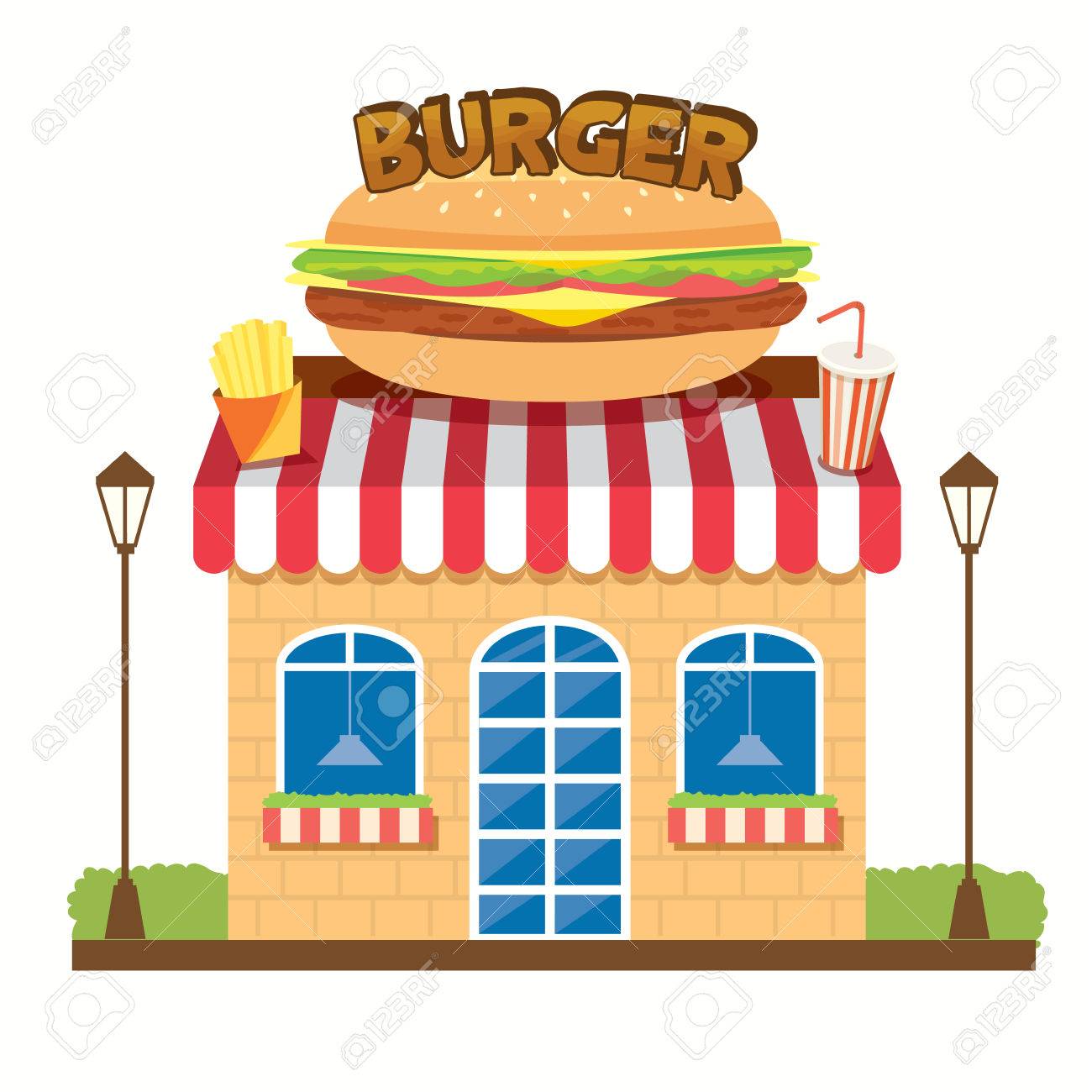 ハンバーガーの形状 フライド ポテト ソーダ装飾屋根と緑の茂みと軽い棒に隣接してハンバーガーの看板とハンバーガー ショップのベクター グラフィック の イラスト素材 ベクタ Image