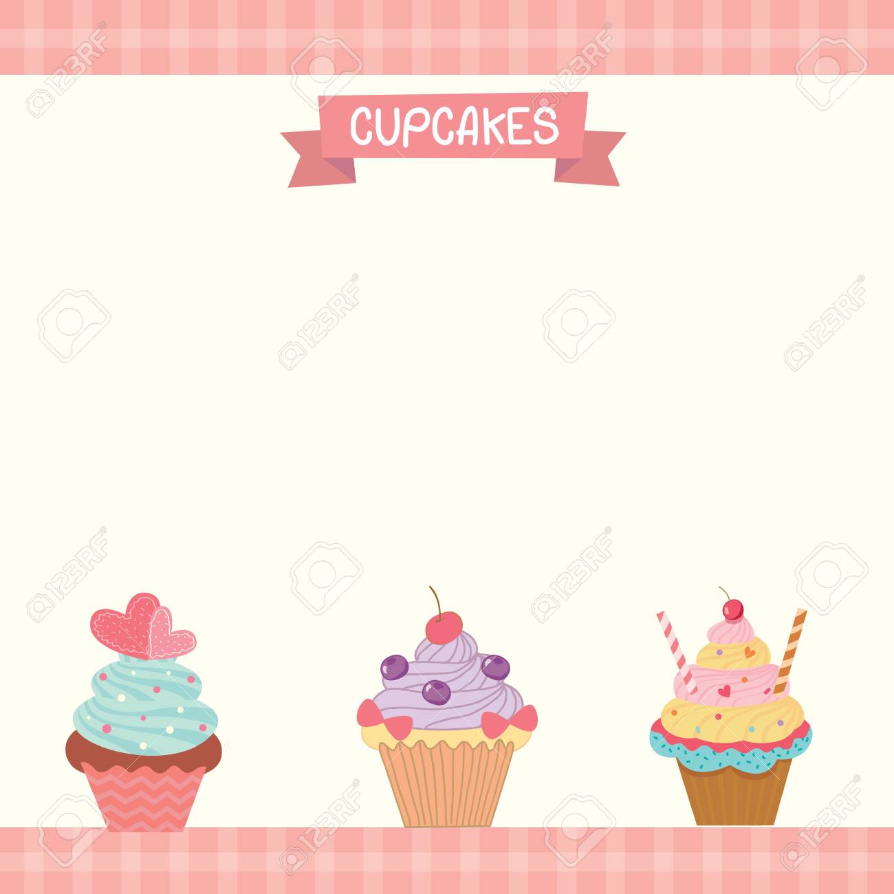 タータン チェックとピンクのパステル カラーでかわいいカップケーキ メニュー テンプレートのベクターが装飾されています のイラスト素材 ベクタ Image
