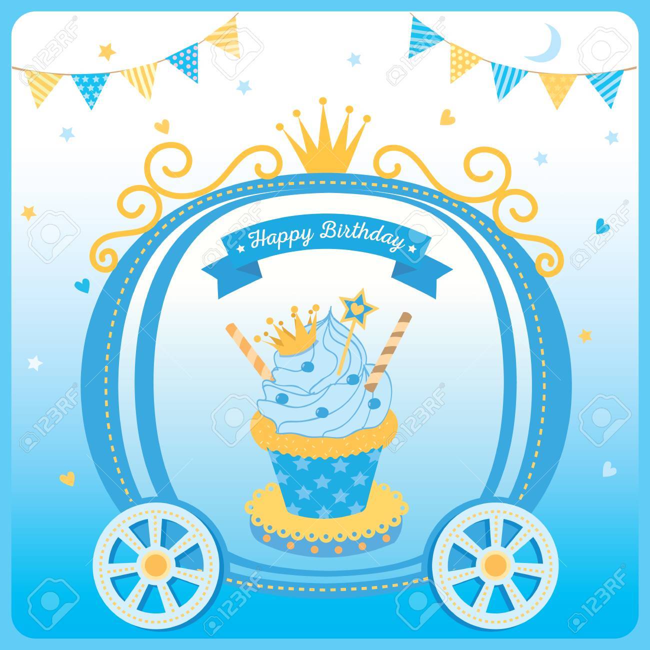 幸せな誕生日カードの青い背景デザインのクラウンでカートに飾られたかわいいプリンセス カップケーキのイラスト のイラスト素材 ベクタ Image