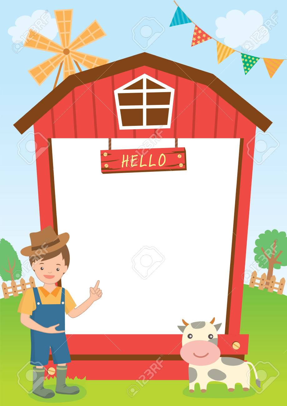 illustration vector of little countryside boy presenting with barn illustrationer