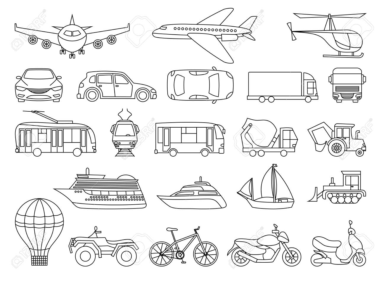 Toy Transport Set To Be Colored Coloring Book To Educate Kids Learn Colors Visual Educational Game Easy Kid Gaming And Primary Education Simple Level Of Difficulty Coloring Pages Royalty Free Cliparts Vectors