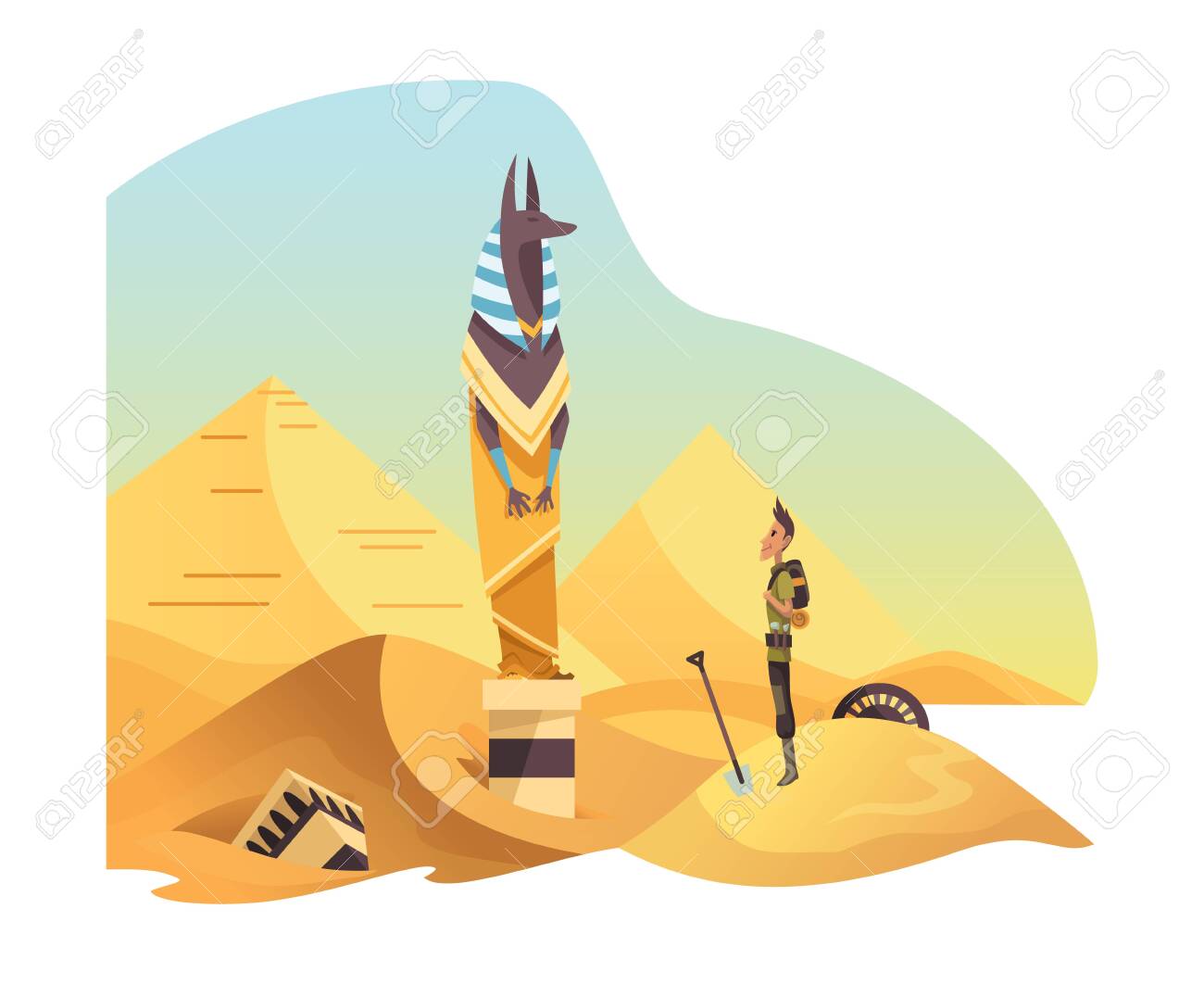 Egyptian archaeology. Man stand in front of anubis ancient egyptian god. Canine head deity of death, mummification, afterlife - 150143375 Egyptian archaeology. Man stand in front of anubis ancient egyptian god. Canine head deity of death, mummification, afterlife - 150143375