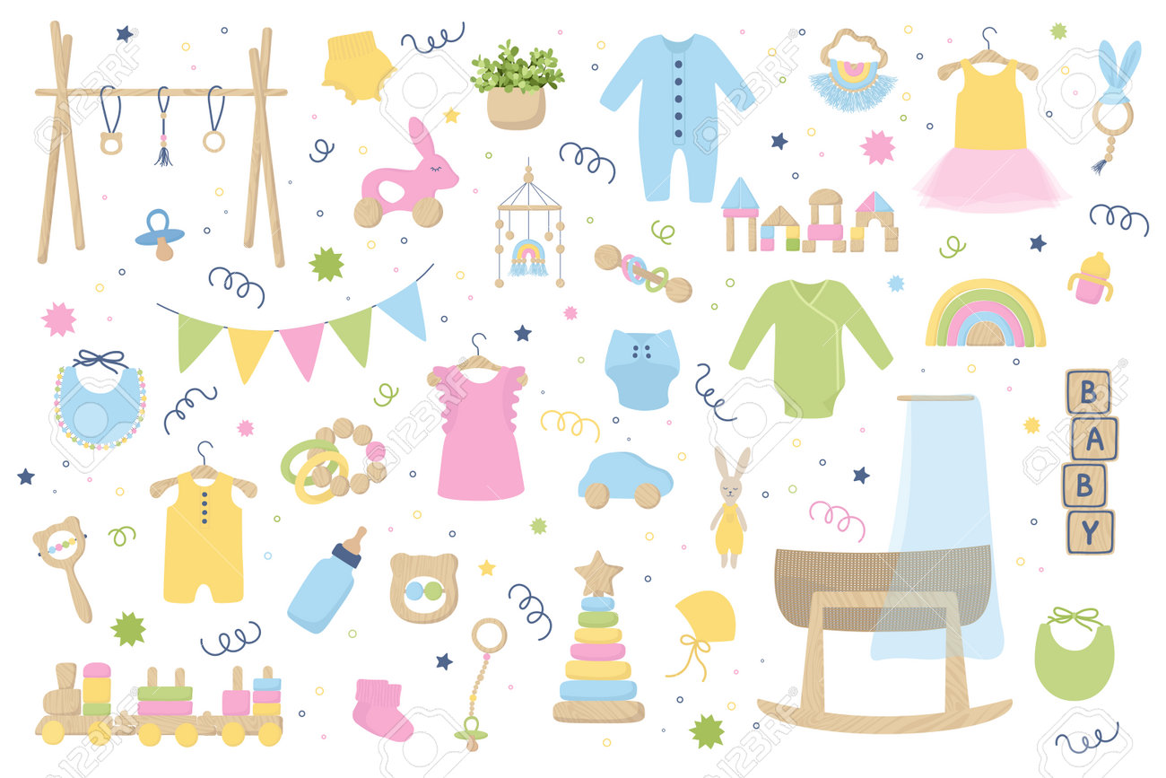 Baby trendy clothes, accessories and wooden toys. Zero waste Nursery collection with body suit, montessori toys, cradle, bassinet. Hand drawn vector illustration set isolated on white background. - 167254927 Baby trendy clothes, accessories and wooden toys. Zero waste Nursery collection with body suit, montessori toys, cradle, bassinet. Hand drawn vector illustration set isolated on white background. - 167254927