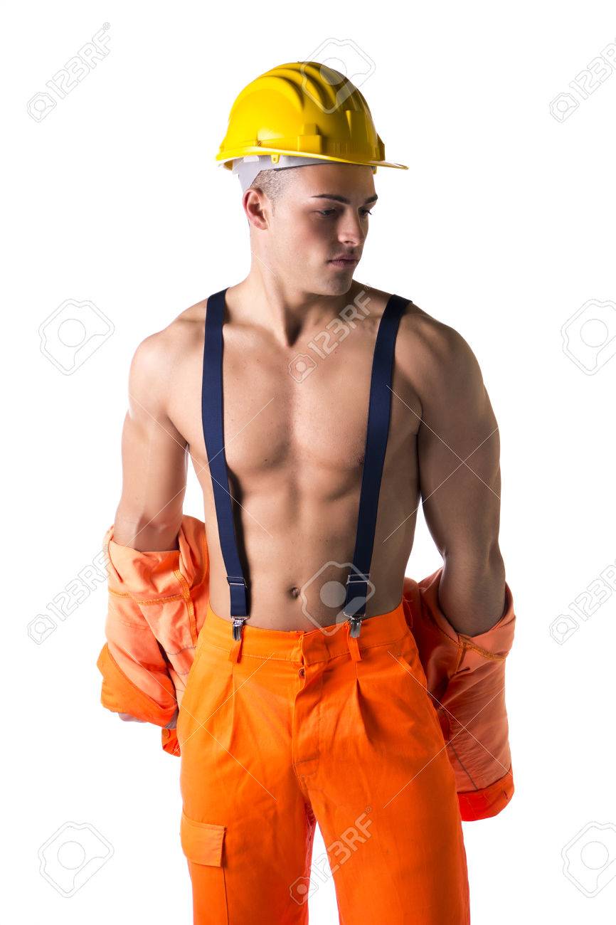 Handsome Young Construction Worker Taking Off Orange Suit Open Stock Photo Picture And Royalty Free Image Image 25934111