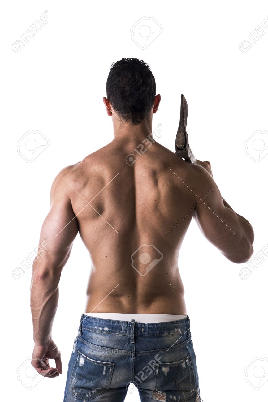 muscle man with axe back view on white background stock photo