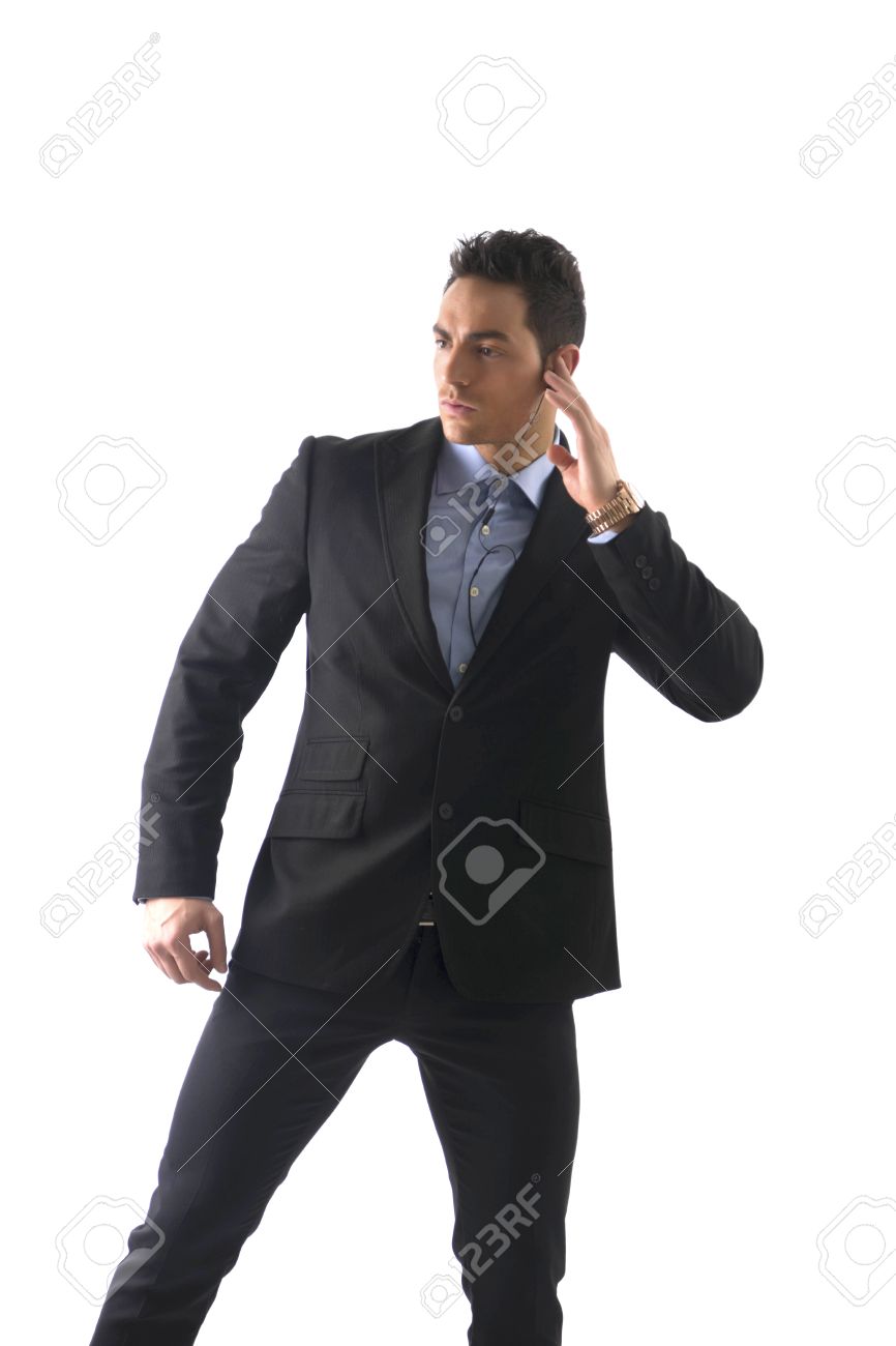 elegant man ressed as bodyguard or security agent with earphones security agent