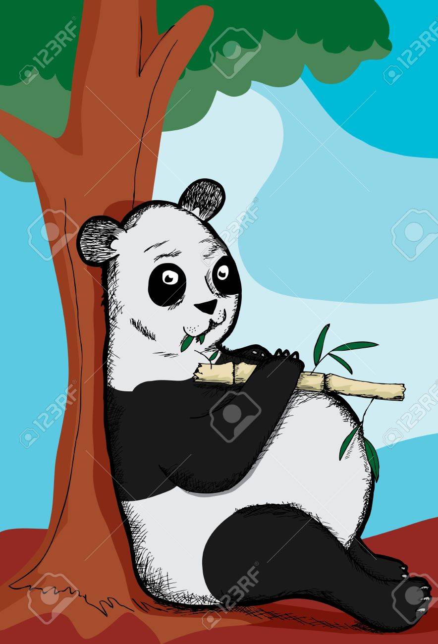 パンダイラストの木製扇子 笹の葉を食べて木に傾いている