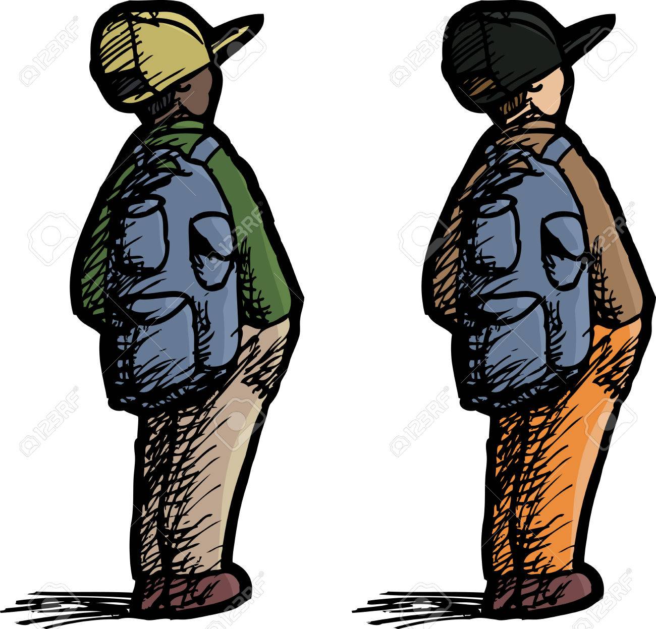 バックパックと帽子と小さな人の後姿 のイラスト素材 ベクタ Image
