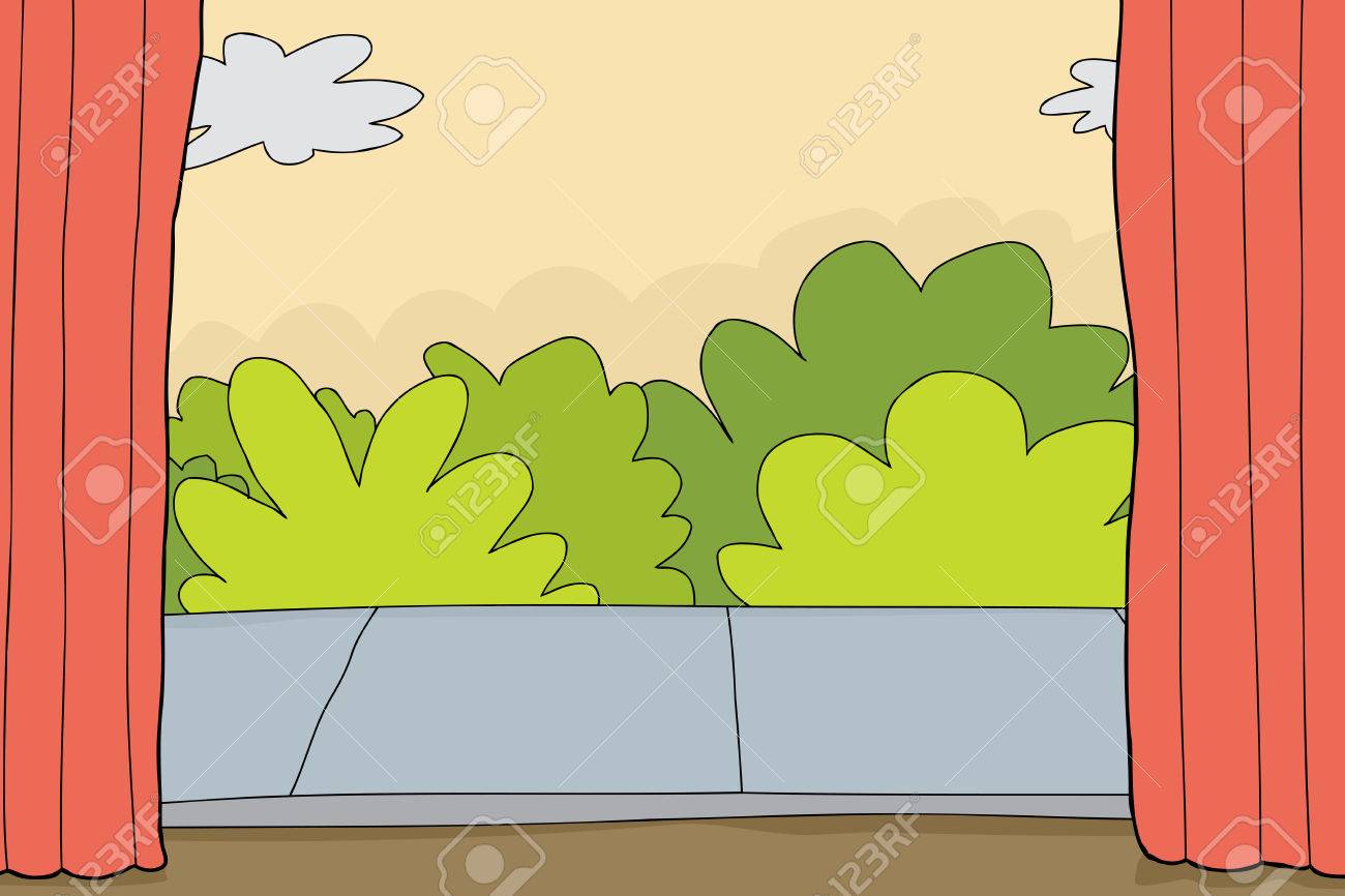 cartoon backdrop of stage with sidewalk and bushes royalty free