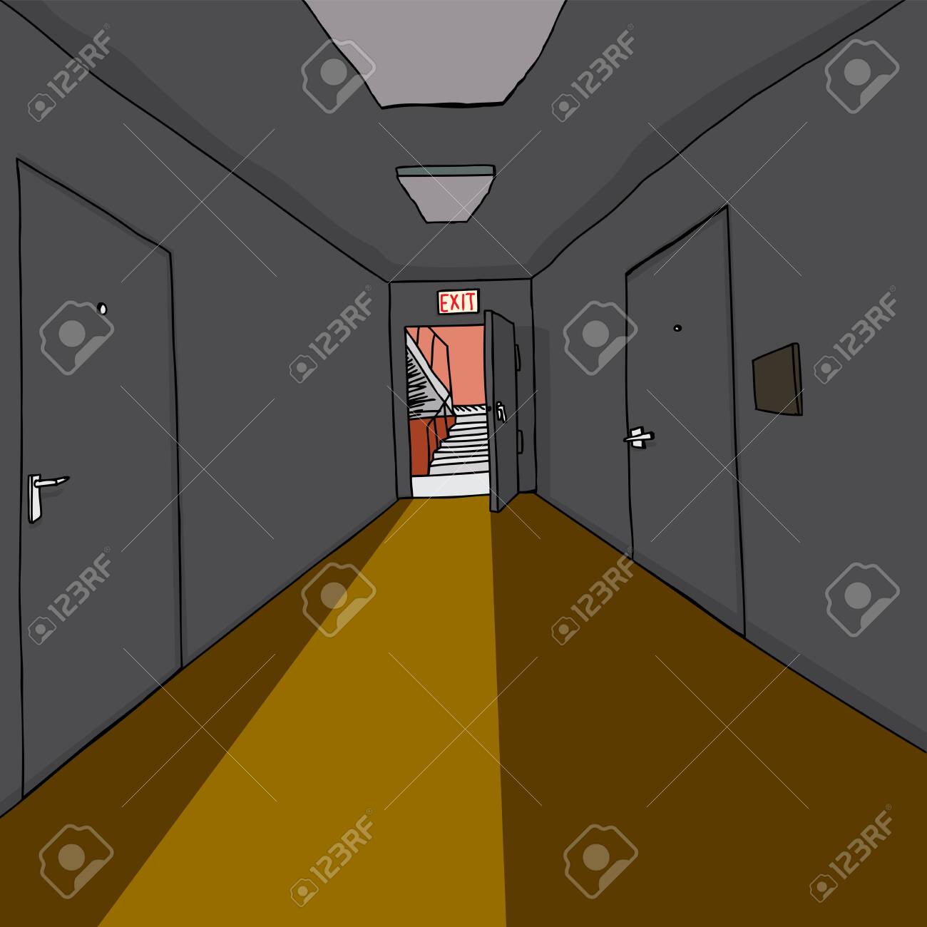 暗い廊下の終わりには非常階段を点灯のイラスト素材 ベクタ Image