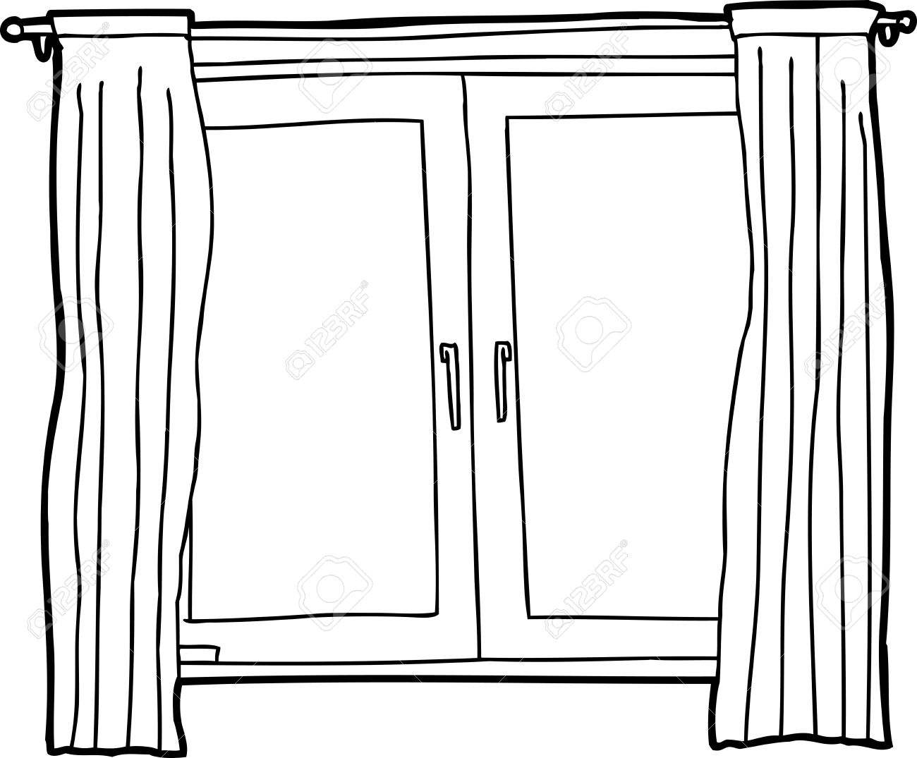 Black outline cartoon of casement windows with curtains - 30168482 Black outline cartoon of casement windows with curtains - 30168482