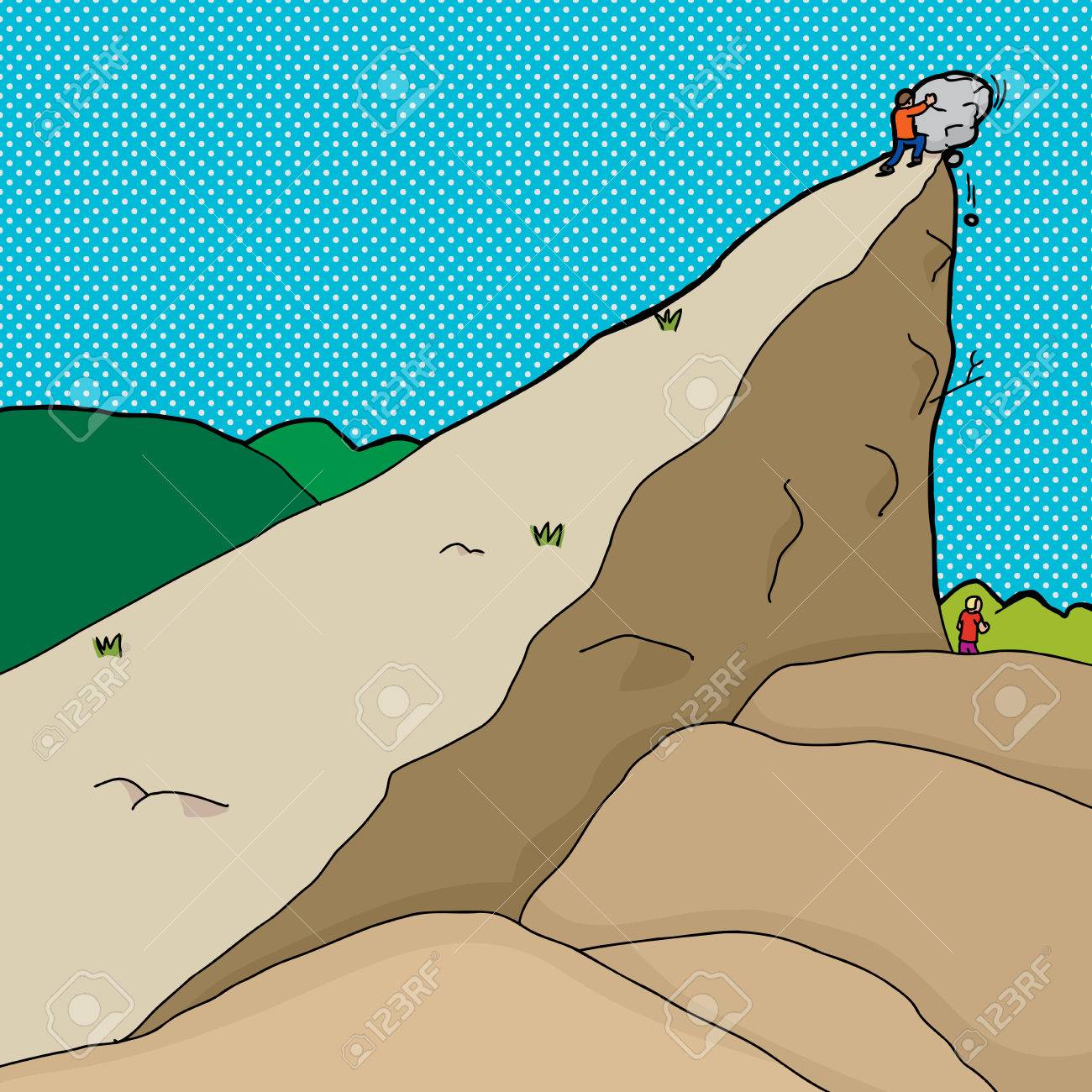 男男下に崖からのボールダーのプッシュ のイラスト素材 ベクタ Image