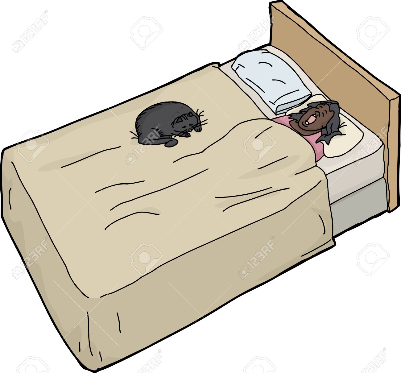 Femme Celibataire Dormir Sur Le Lit Avec Le Chat Noir Clip Art Libres De Droits Vecteurs Et Illustration Image