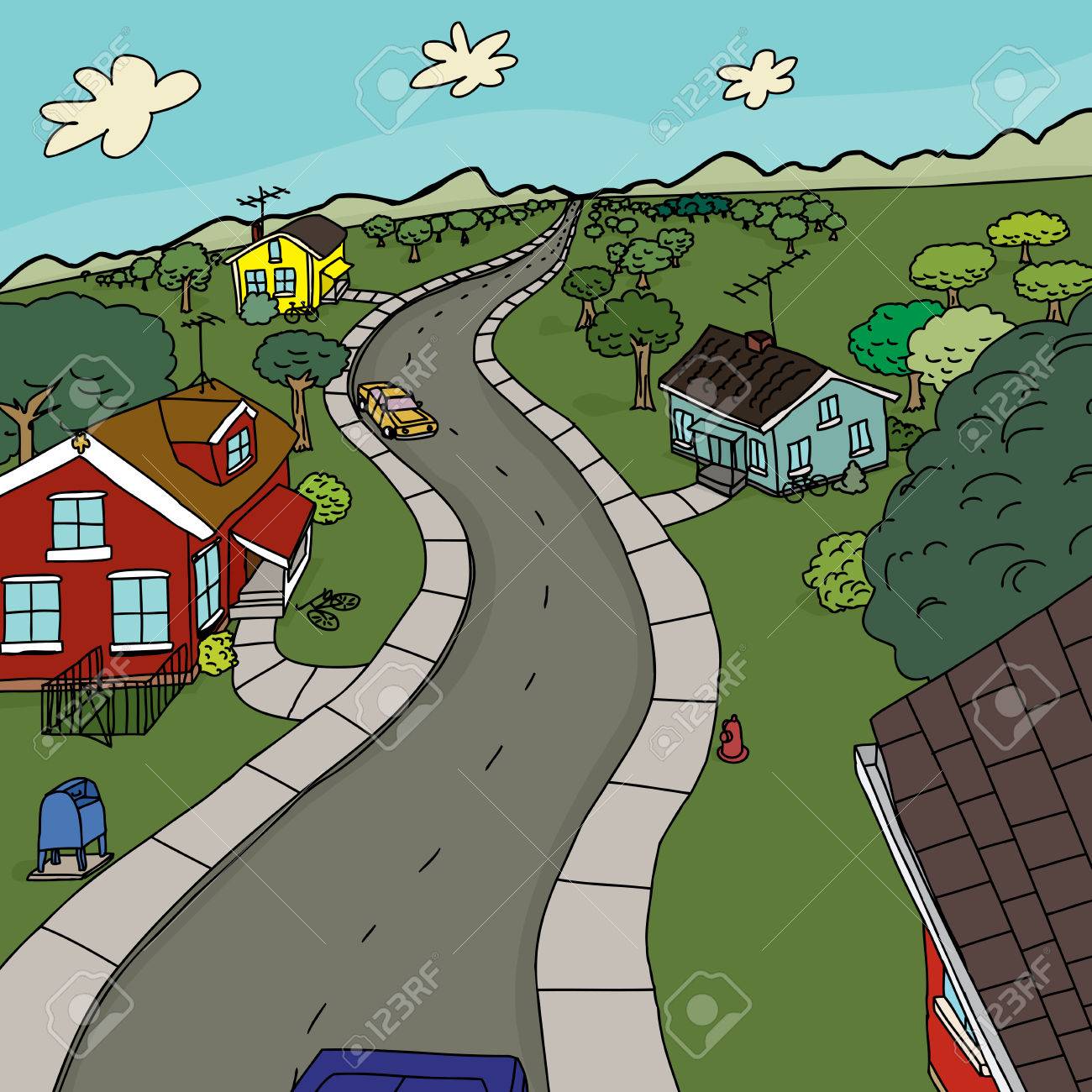 道路沿いの 4 つの家のかわいい漫画のシーン のイラスト素材 ベクタ Image 道路沿いの 4 つの家のかわいい漫画のシーン のイラスト素材 ベクタ Image